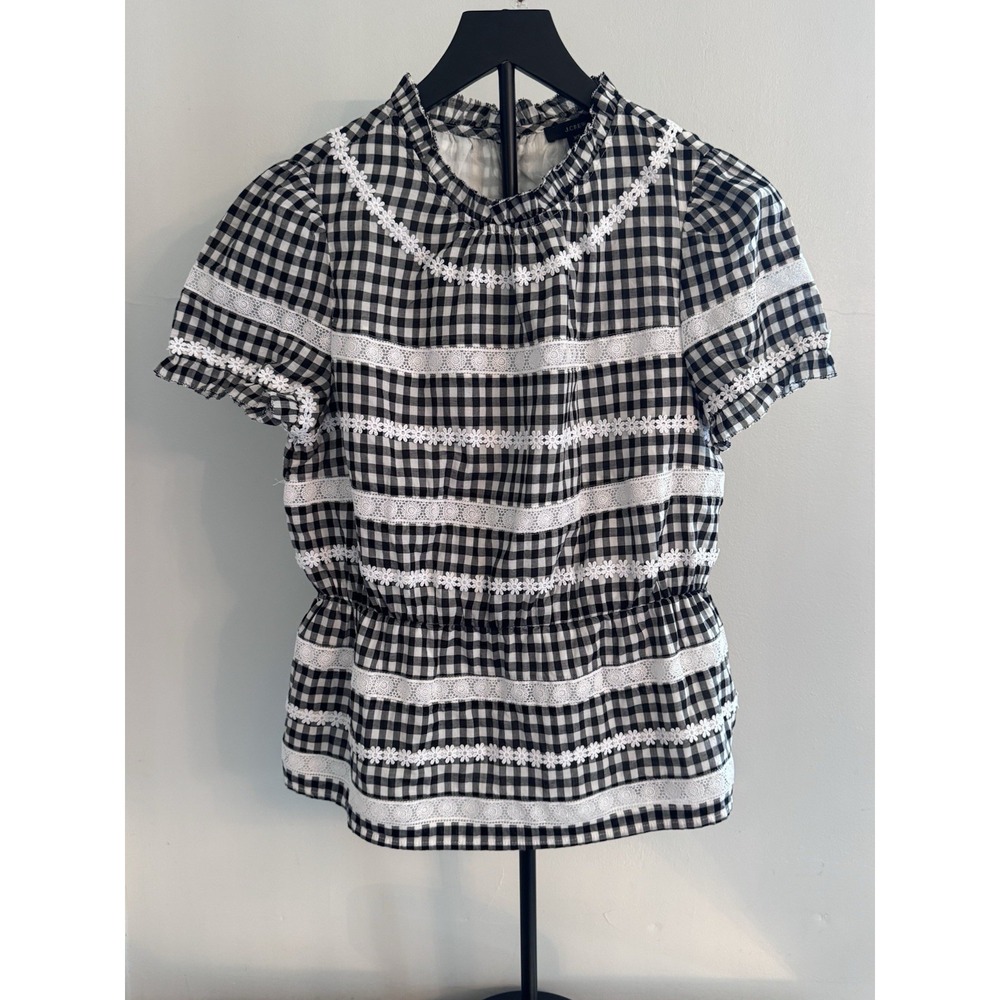 J.Crew Gingham Lace Trim Peasant Blouse XS Cottagecore Puff Sleeve Cotton Top